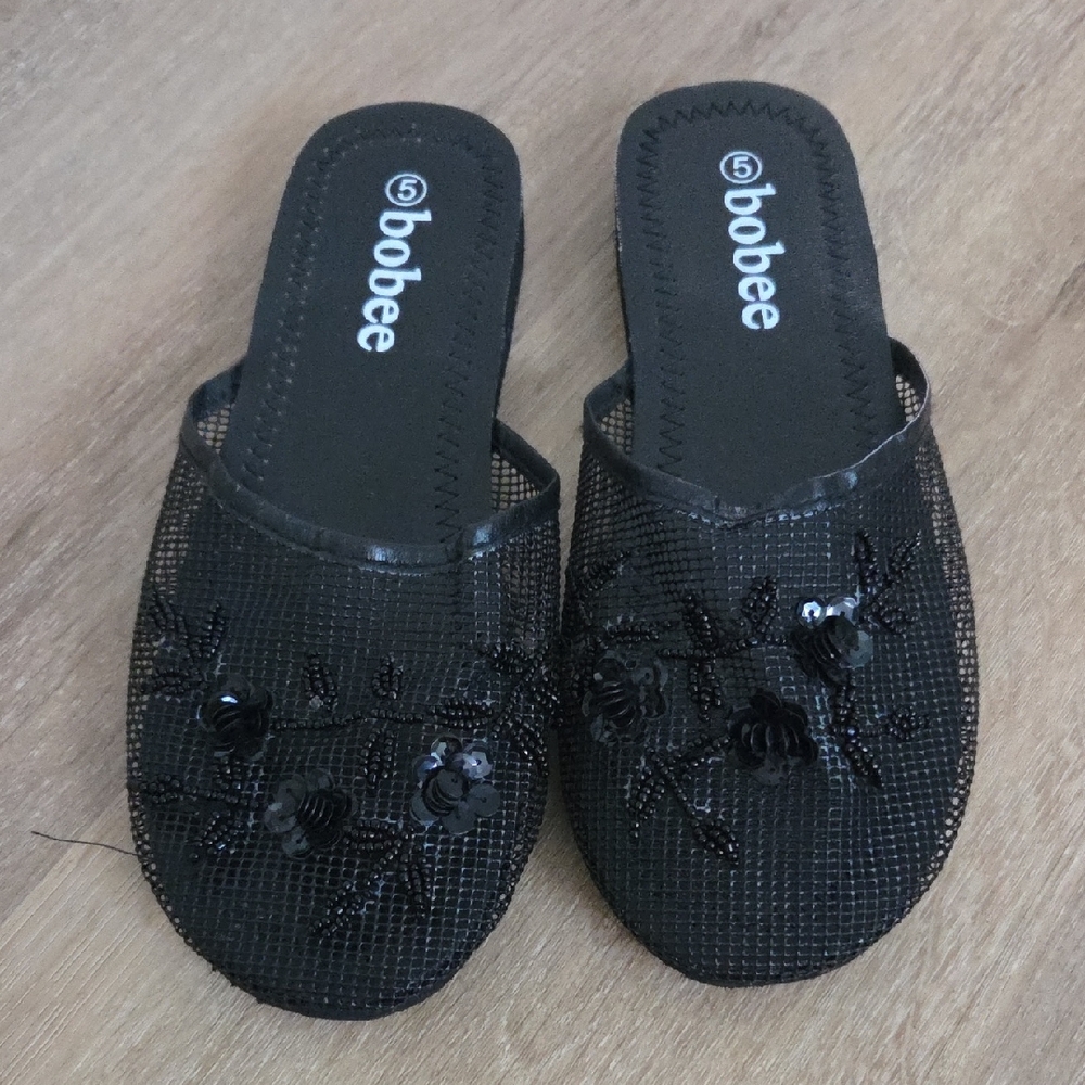 Chinese Mesh Y2k Style Black Beaded Women's Slippers Size 5